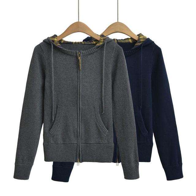 Long Sleeve Plaid Panel Knitted Zip-Up Hooded Jacket Product Image