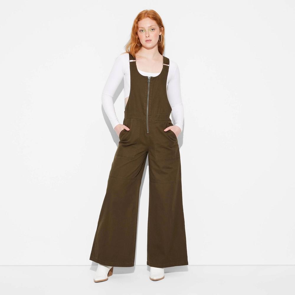 Women's Twill Baggy Zip-Front Overalls - Wild Fable™ Olive Green XXS Product Image