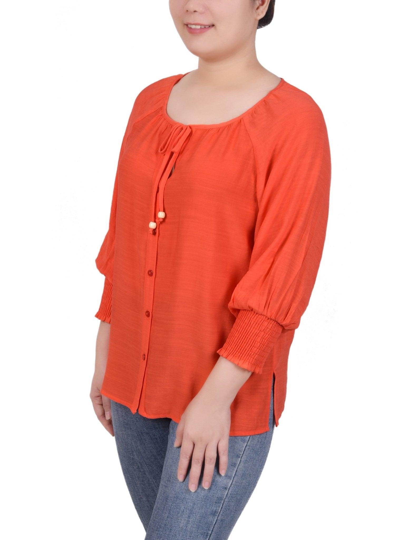 3/4 Sleeve Button Front Blouse - Petite Product Image