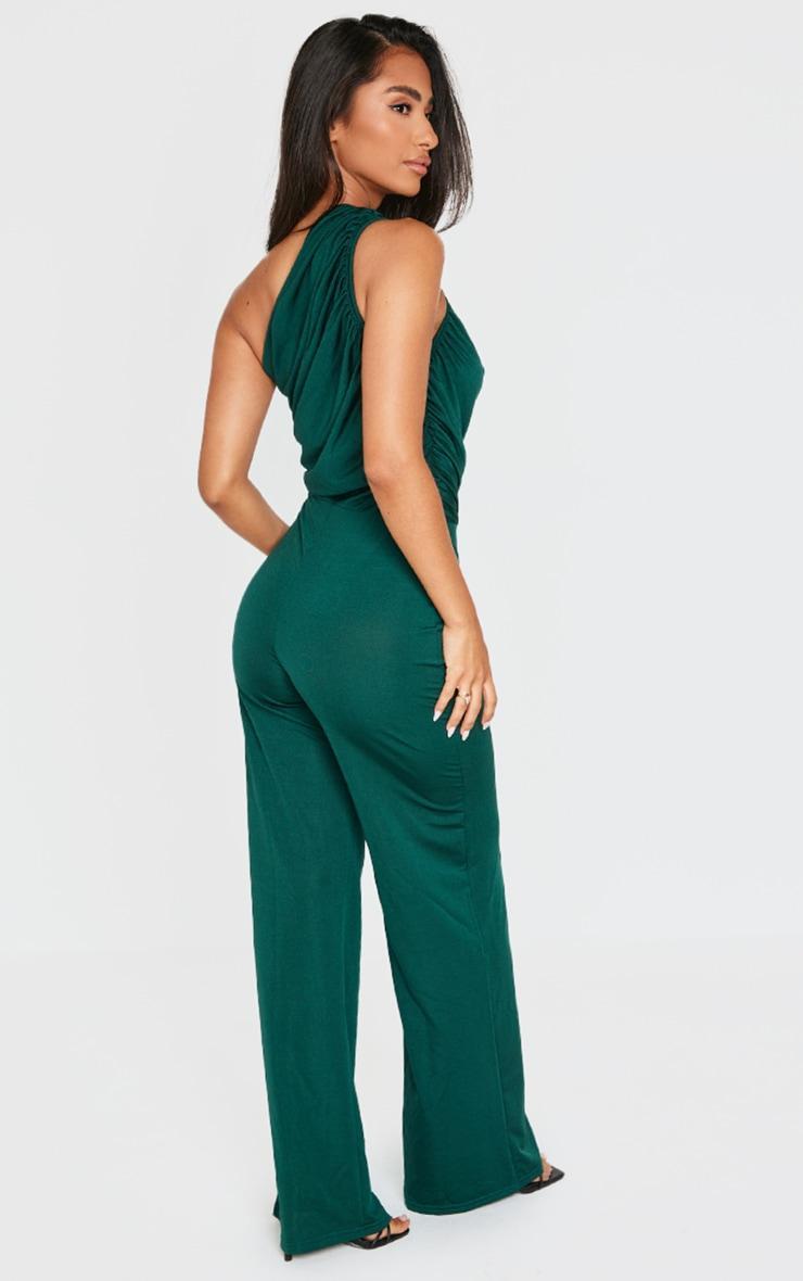 Petite Emerald Green One Shoulder Ruched Wide Leg Jumpsuit Product Image