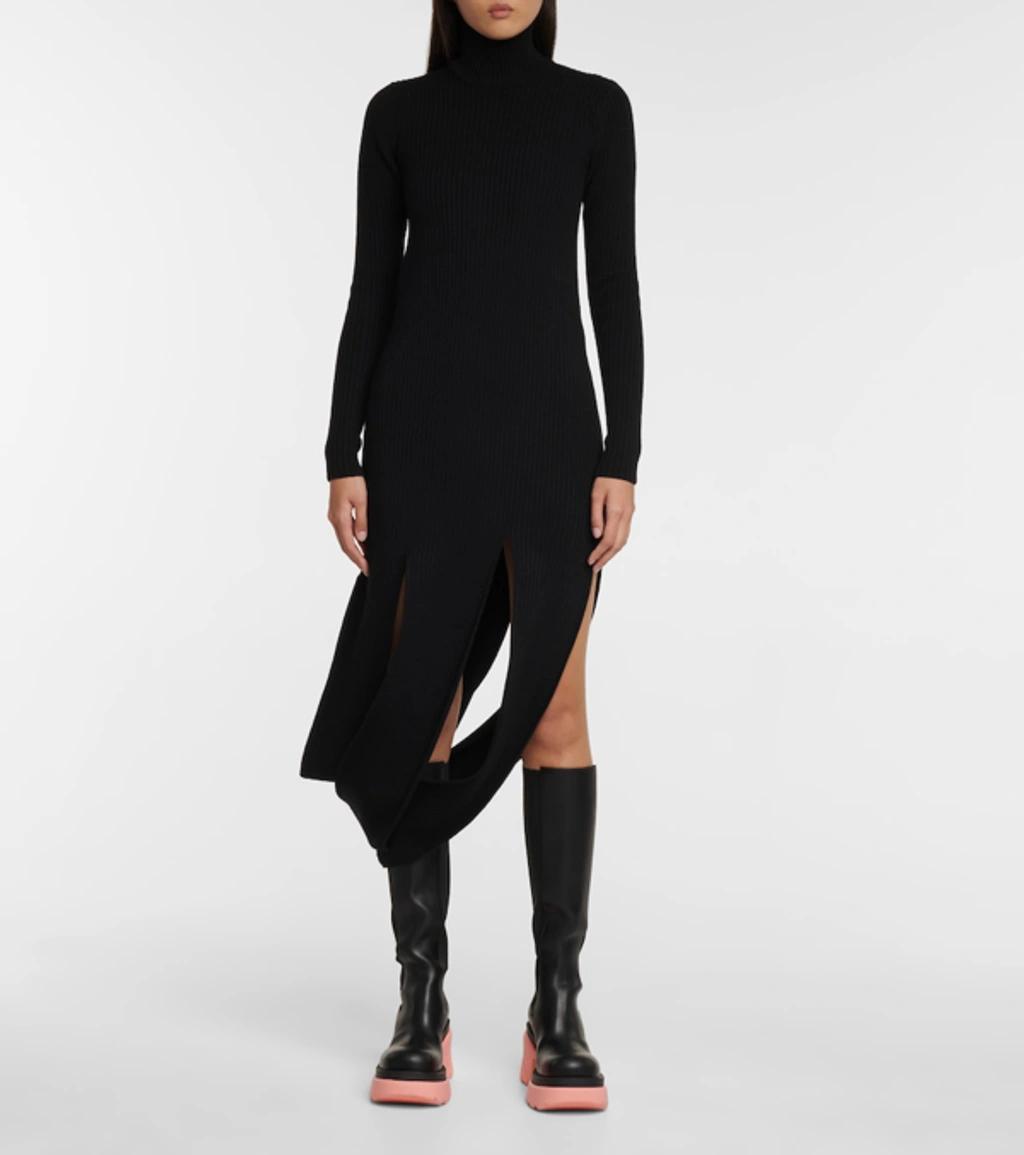 Ribbed-knit Stretch Wool-blend Dress In Black Product Image