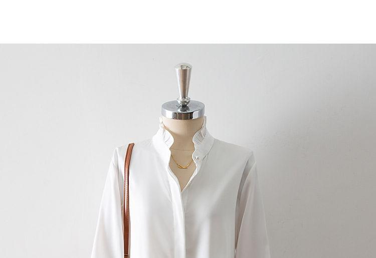 Long-Sleeve Stand Collar Plain Shirt Product Image