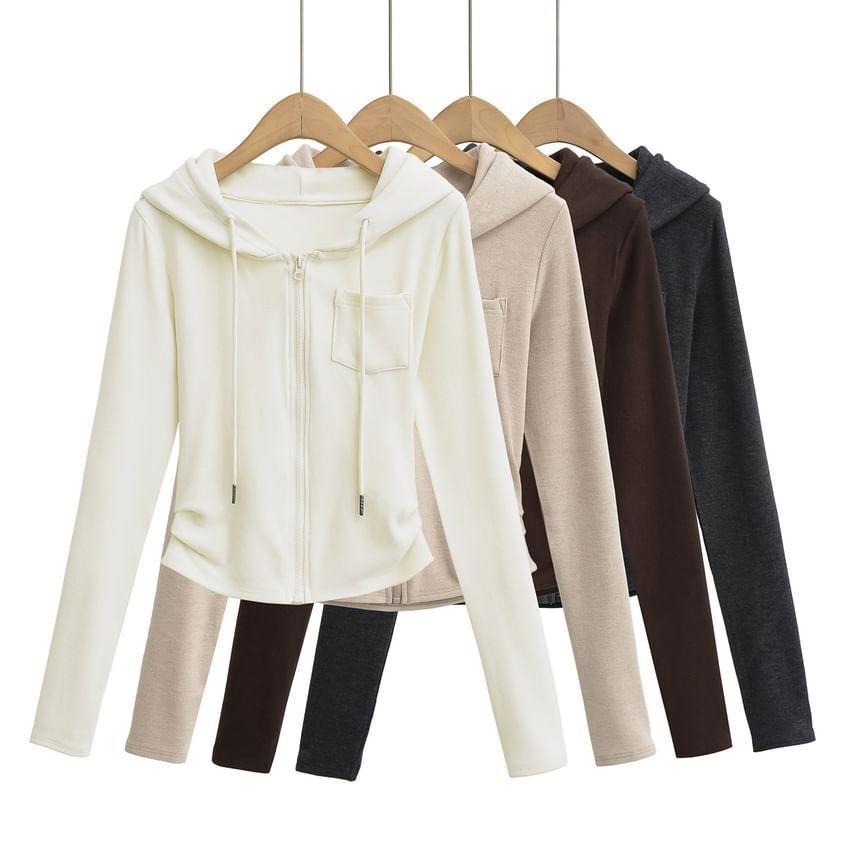 Plain Ruched Zip-Up Crop Hoodie product image