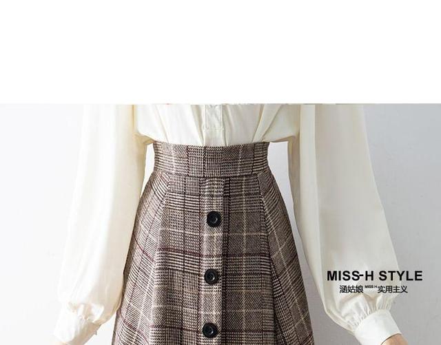 High Waist Plaid Midi A-Line Skirt Product Image