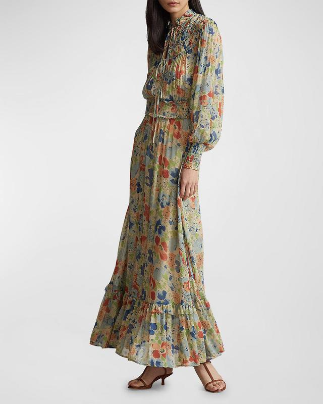 Smocked Floral-Print Flounce Maxi Dress Product Image