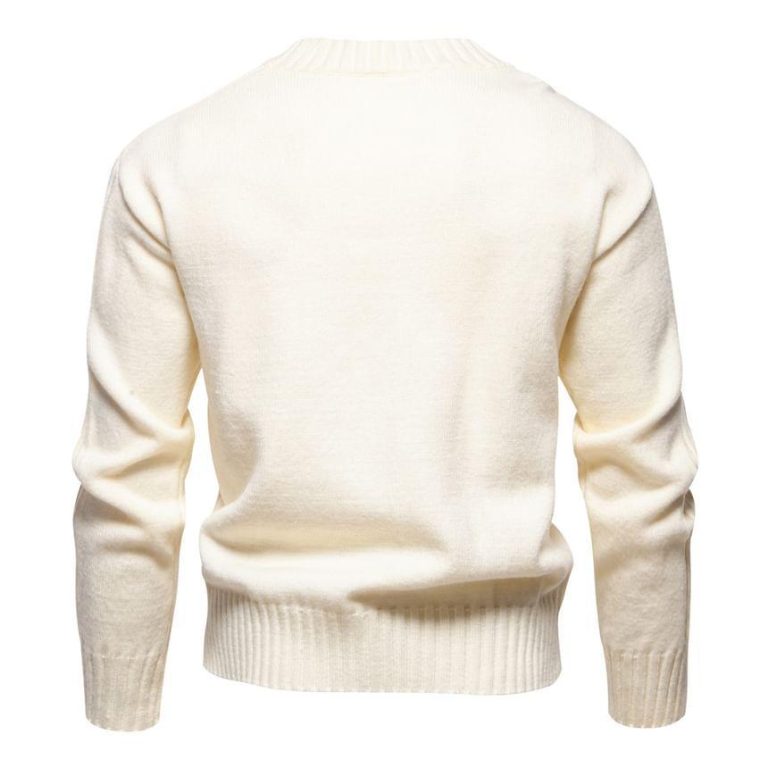 V-Neck Plain Cable Knit Sweater Product Image