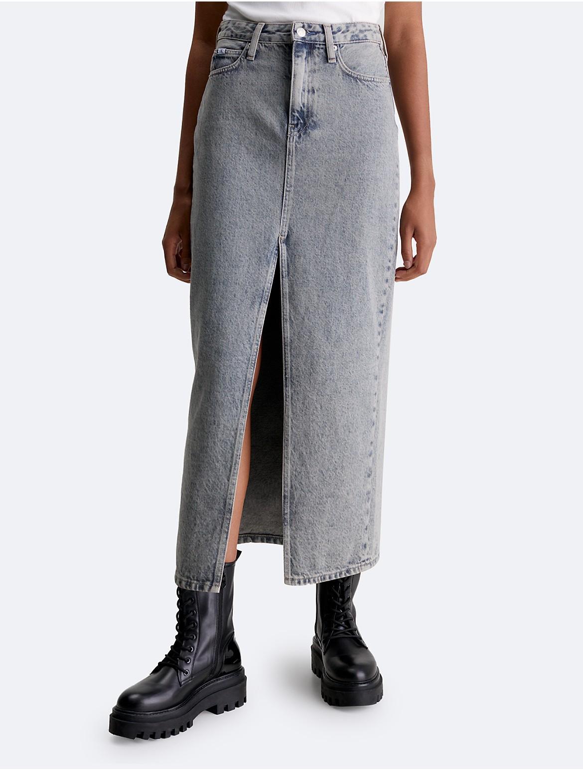 Calvin Klein Womens Front Split Hem Maxi Denim Skirt - Grey - 26 Product Image