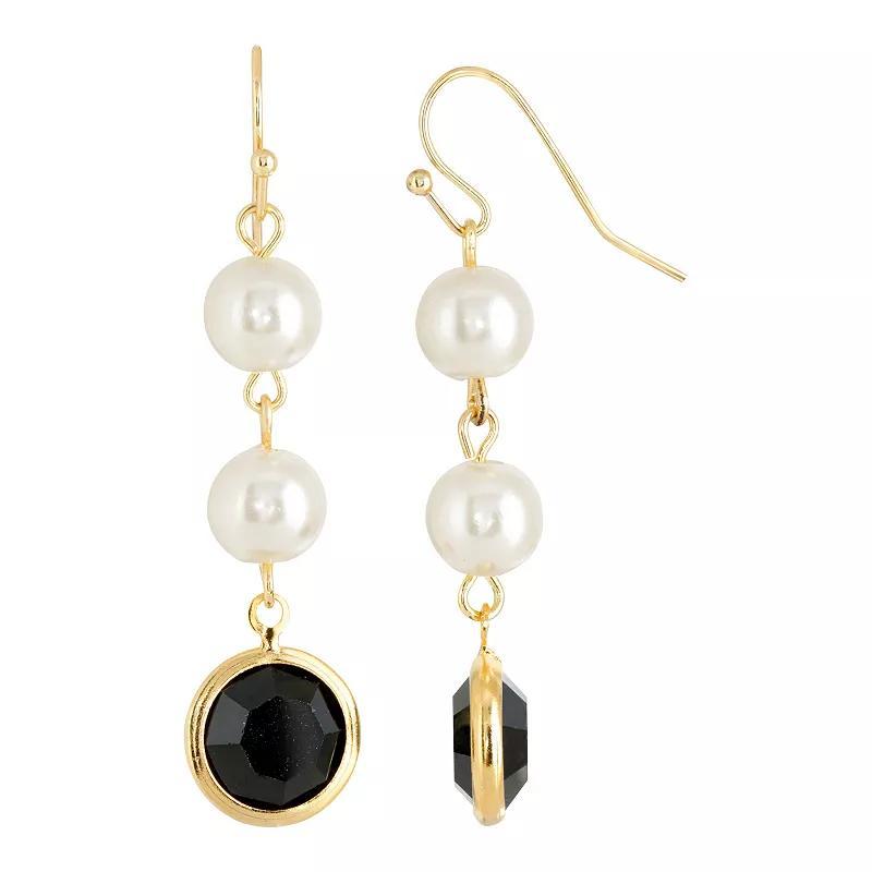 1928 Gold Tone Simulated Pearl & Crystal Drop Earrings, Womens, Black Product Image