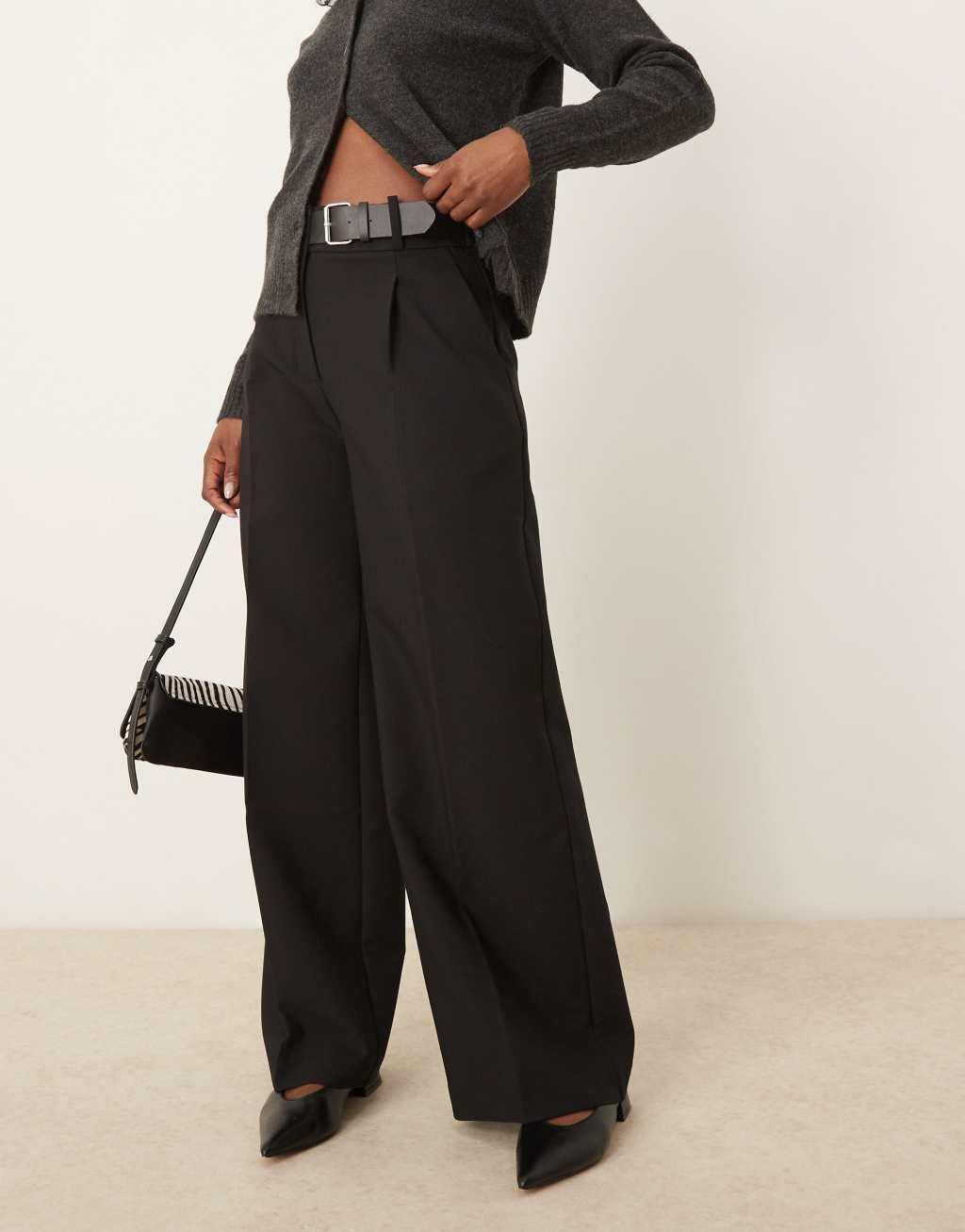 Mango buckle waist straight leg pants in black Product Image