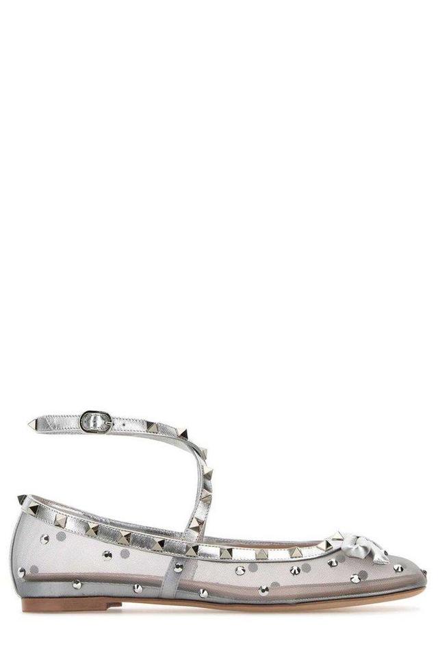 Rockstud Bow Detailed Ballerina Shoes In Silver Product Image