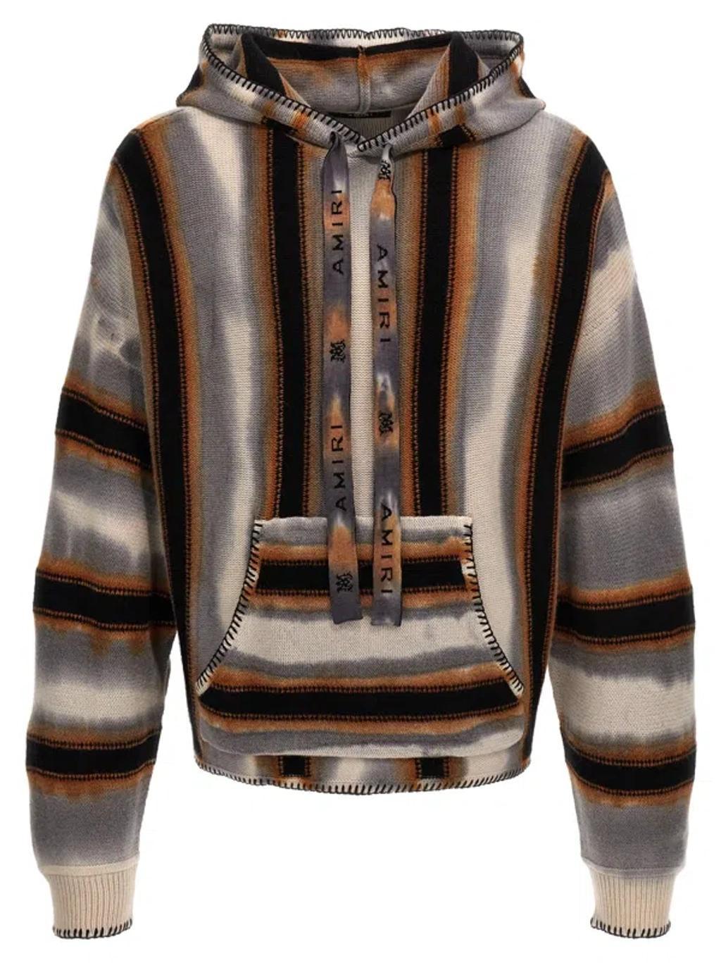 Striped Kangaroo Pocket Hooded Sweater In Multicolor Product Image