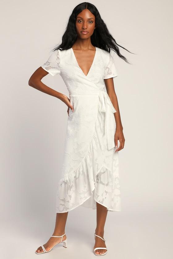 Blissfully White Jacquard Short Sleeve Wrap Midi Dress Product Image