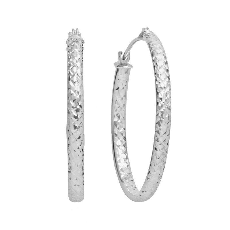 10k White Gold Textured Hoop Earrings, Womens Product Image