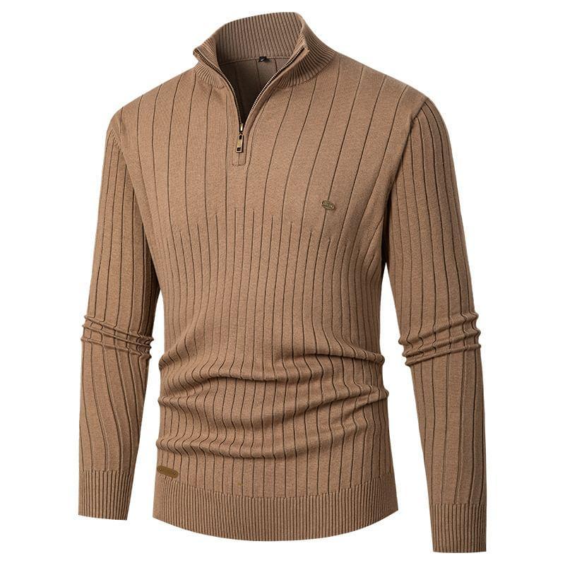 Long-Sleeve Half-Zip Neck Plain Ribbed Sweater Product Image