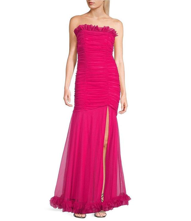 Blondie Nites Strapless Mesh Ruched Ruffle Trim Mermaid Gown Product Image