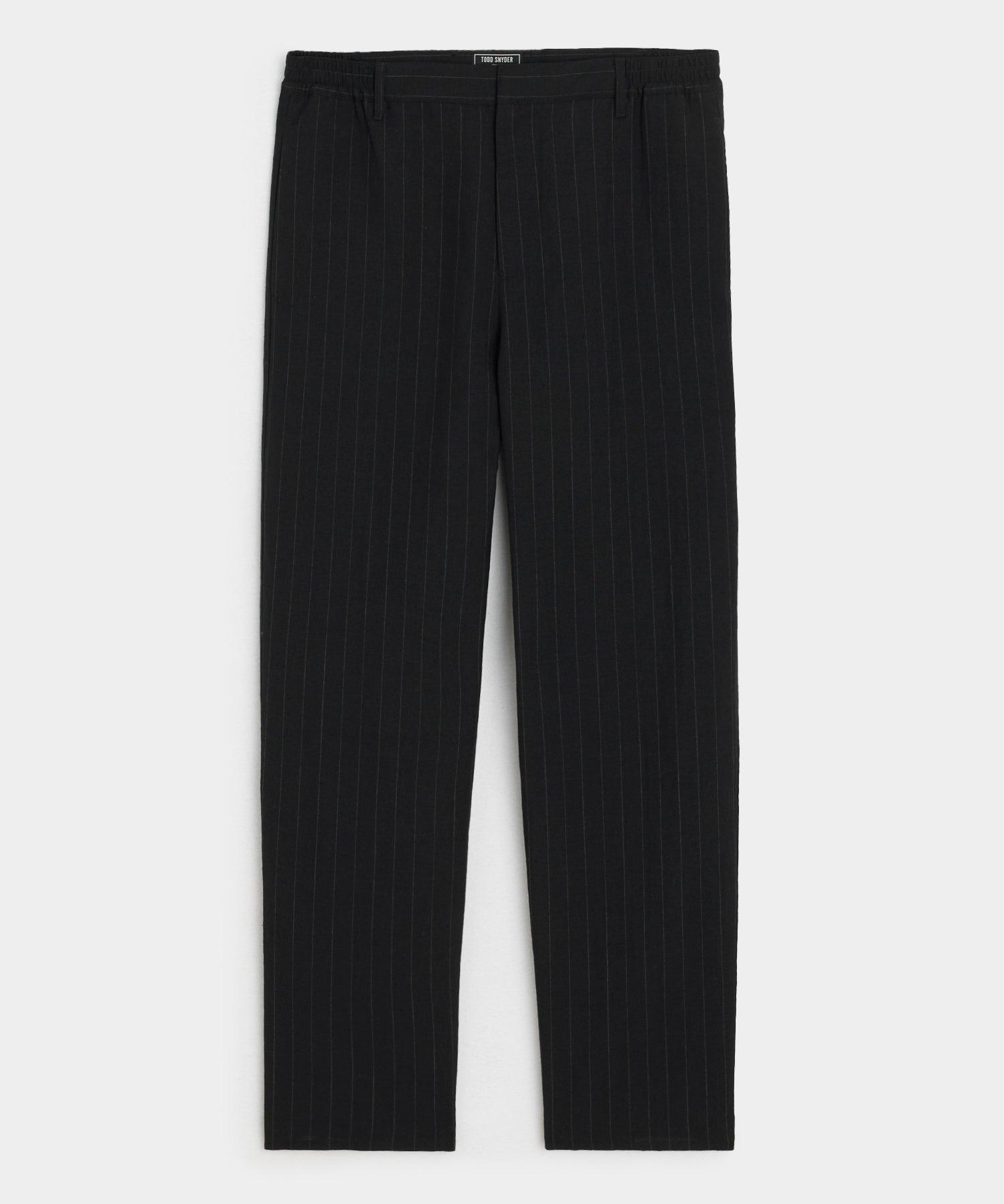 Italian Wool Linen Side Elastic Trouser in Black Pinstripe Product Image