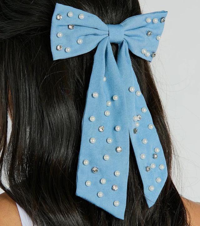 Finishing Look Faux Pearl Denim Hair Bow Barrette Product Image