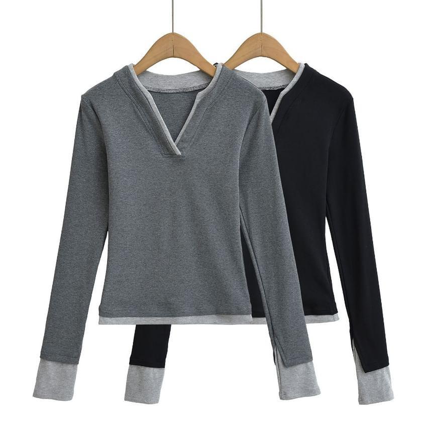 Long Sleeve V-Neck Mock Two Piece T-Shirt Product Image