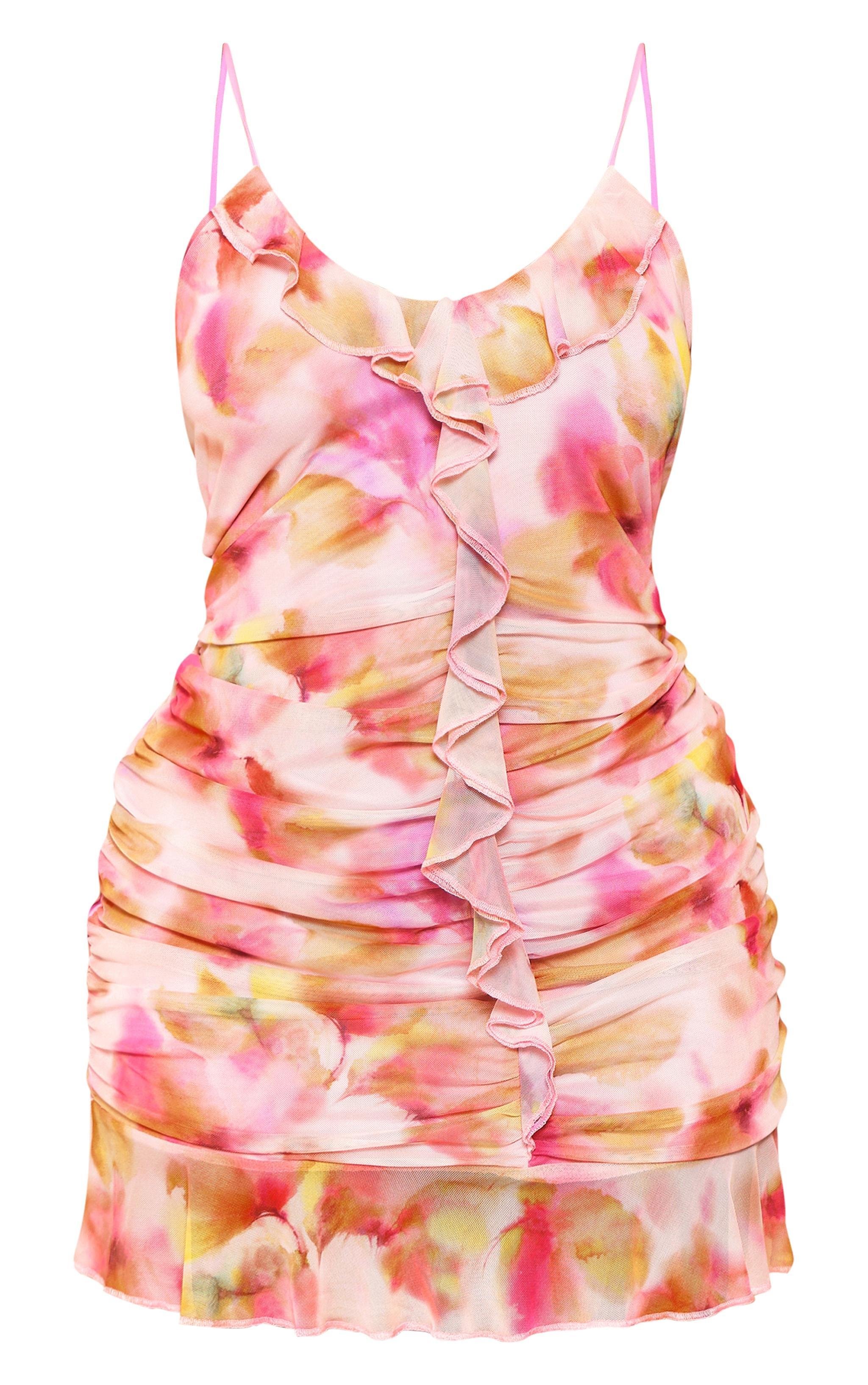 Plus Pink Floral Abstract Print Frill Detail Shift Dress Product Image