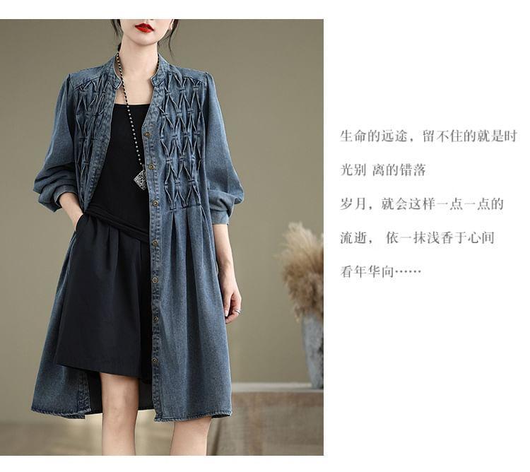 Long Sleeve Stand Collar Loose Denim Shirt Dress Product Image