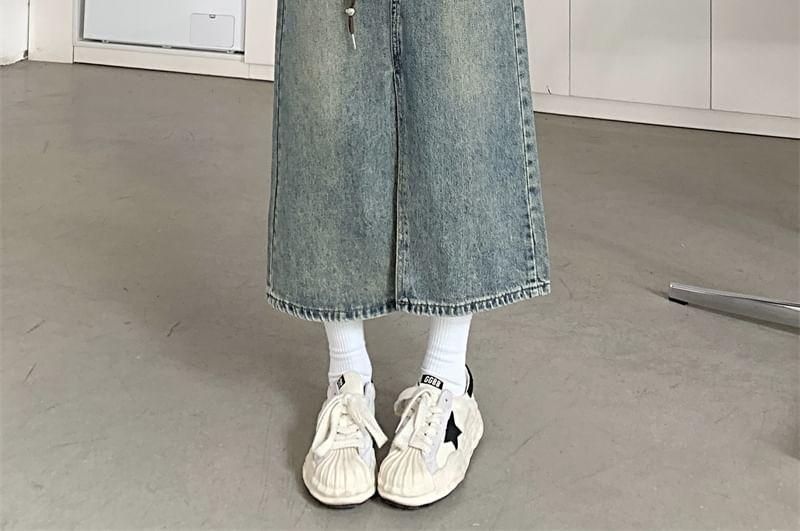 High Waist Washed Slit Midi A-Line Denim Skirt Product Image