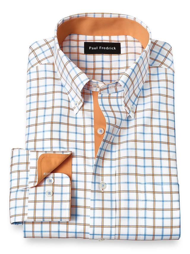 Non-Iron Cotton Windowpane Dress Shirt With Contrast Trim - Blue/melon Product Image