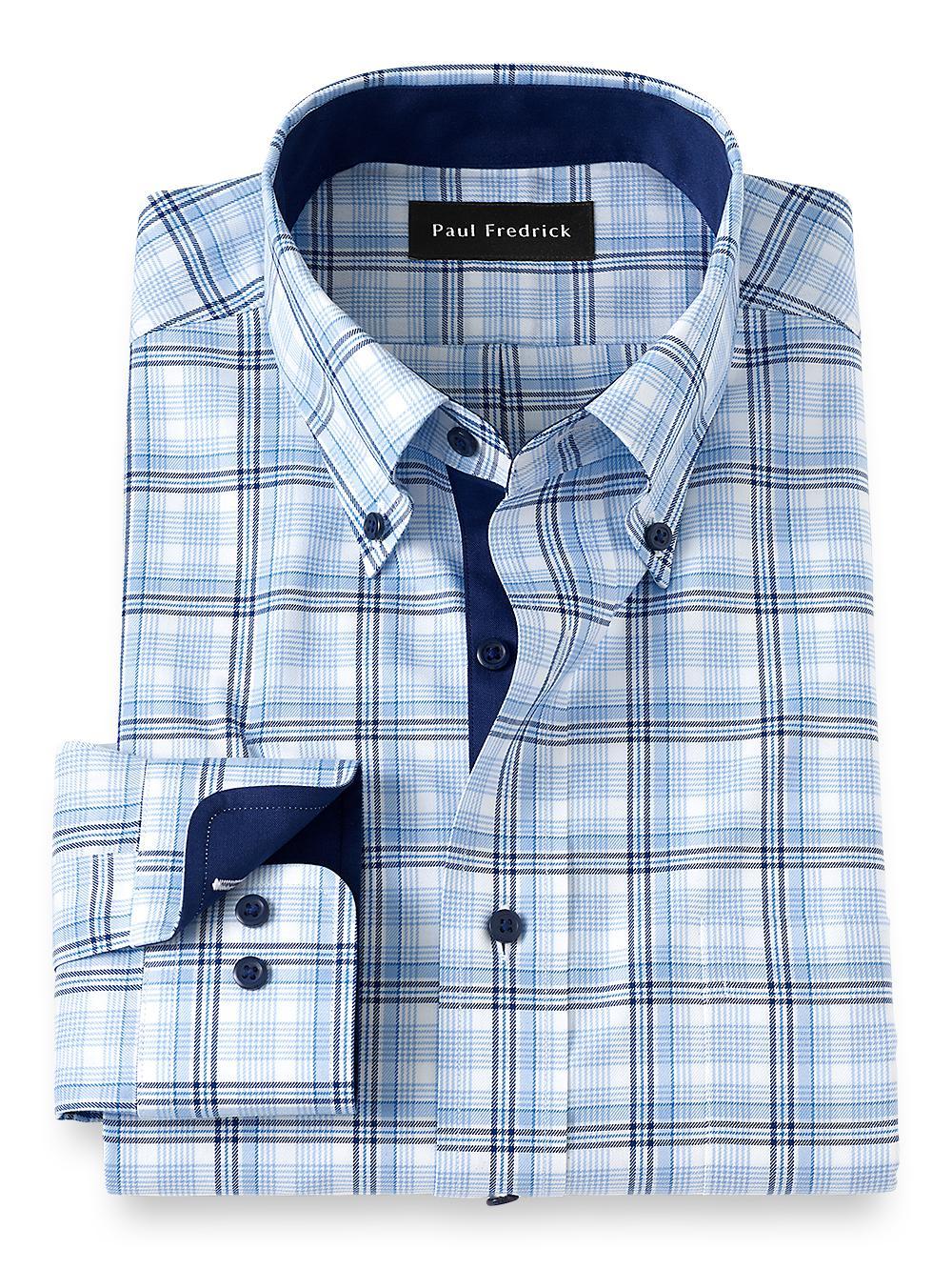 Non-Iron Cotton Check Dress Shirt With Contrast Trim - Blue Product Image