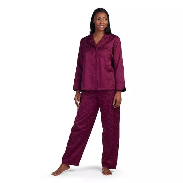 Petite Miss Elaine Essentials Brushed Back Satin Pajama Top & Pajama Bottom Set, Womens Blue Product Image