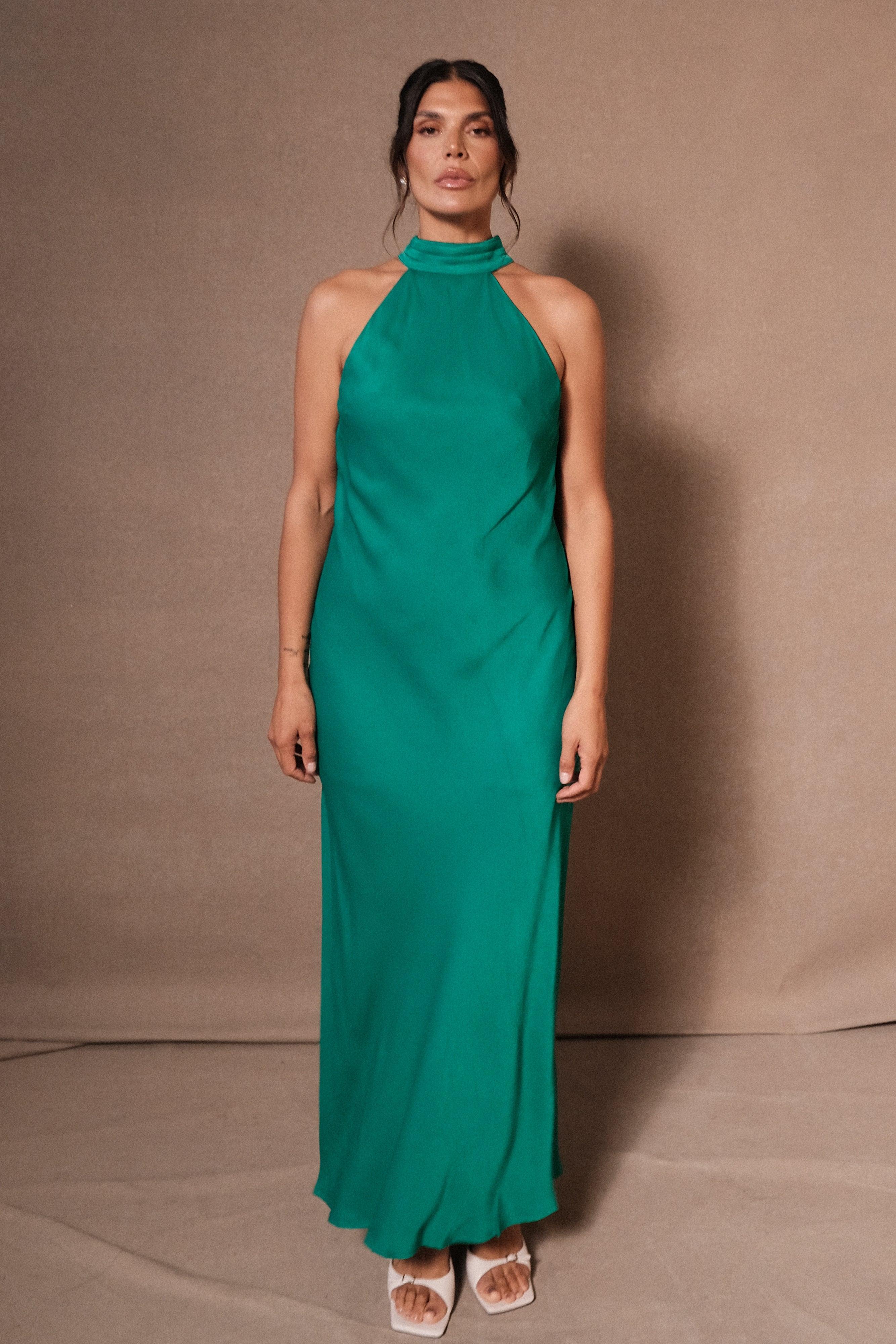 Claire Satin Drape Back Maxi Dress with Split - Green Product Image