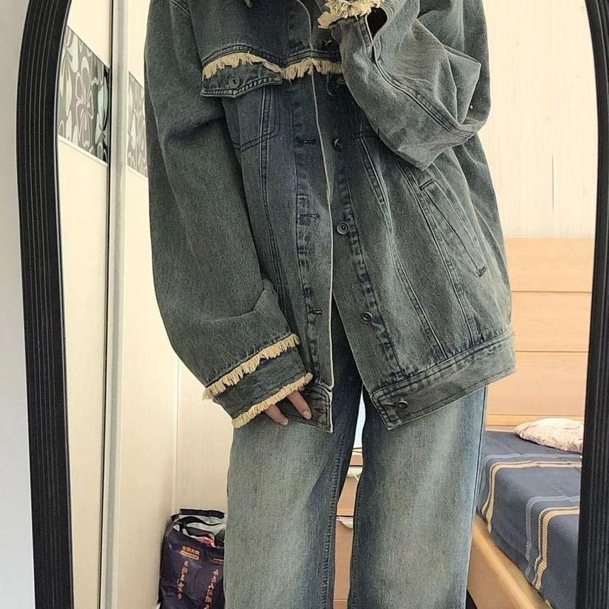 Collared Fringe Trim Washed Denim Oversized Jacket Product Image