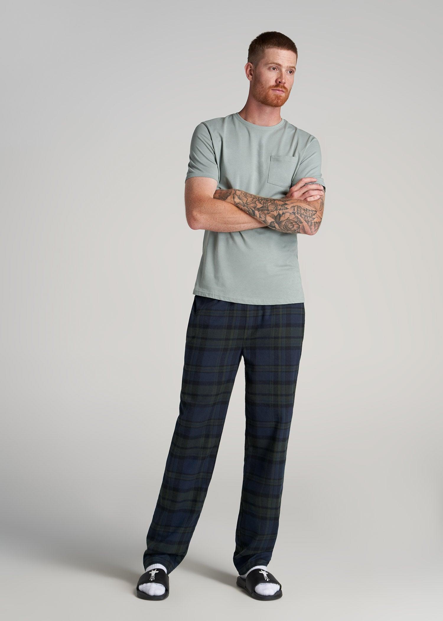 Plaid Pajama Pants for Tall Men in Olive & Dark Cobalt Plaid Product Image