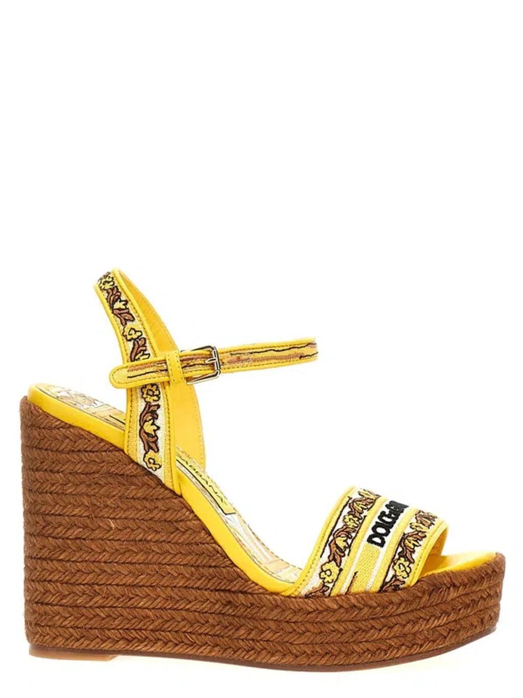 DOLCE & GABBANA Embroidered-logo Wedge Sandals In Yellow Product Image