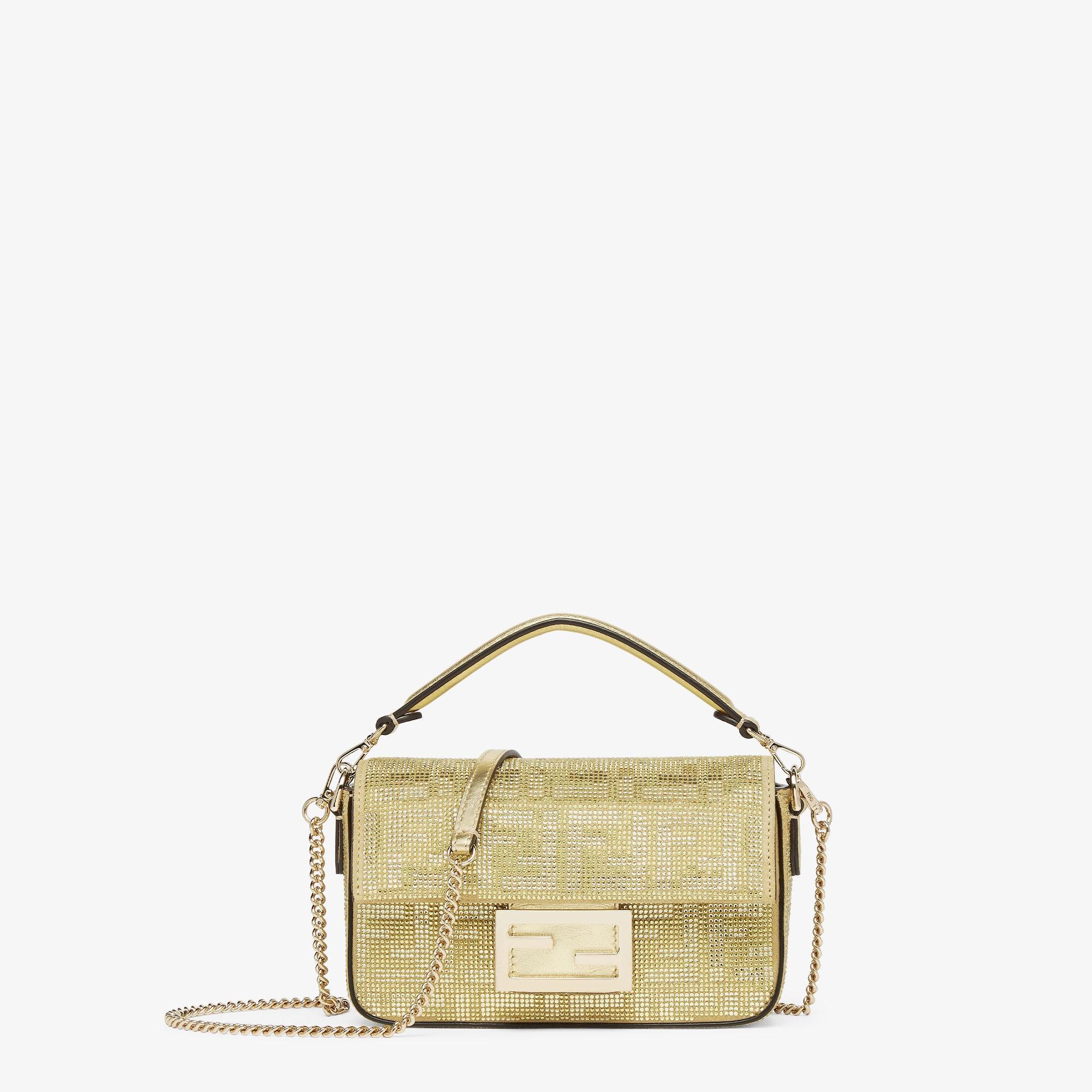 Baguette MiniChampagne-colored suede bag with FF in crystals and studs Product Image