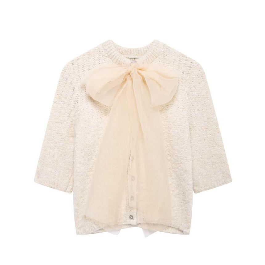 Elbow-Sleeve Crew Neck Plain Bow Button Knit Top Product Image