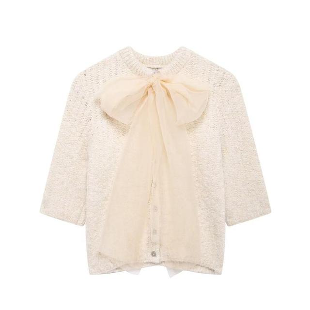 Elbow-Sleeve Crew Neck Plain Bow Button Knit Top Product Image