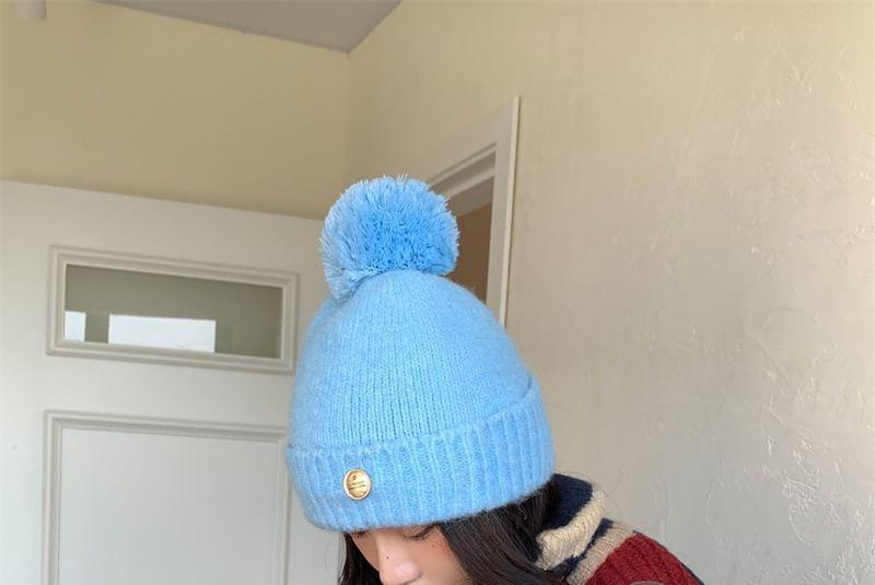 Metal Plate Pom Pom Knit Beanie Product Image