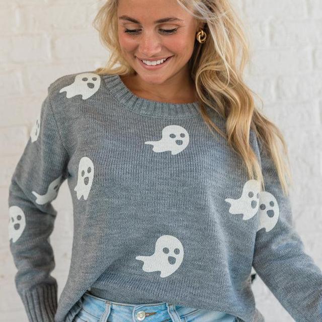 One Cool Ghoul Grey Ghost Print Sweater Product Image