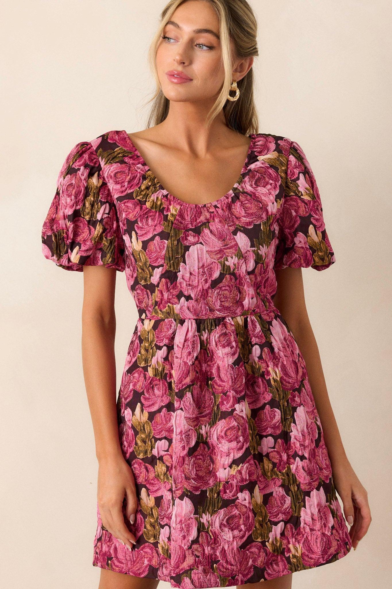 Change Of Pace Berry Floral Jacquard Puff Sleeve Mini Dress Product Image