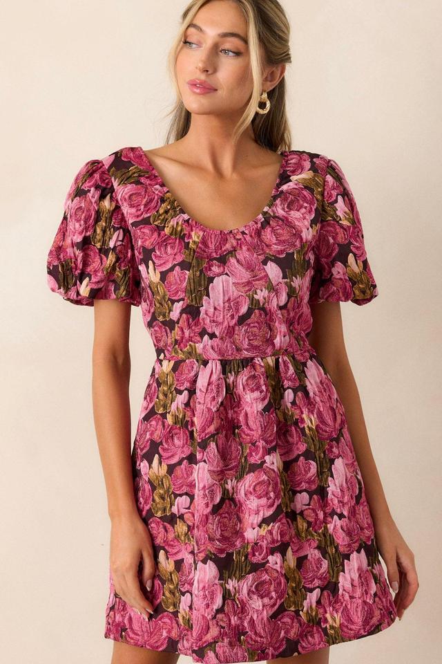 Change Of Pace Berry Floral Jacquard Puff Sleeve Mini Dress Product Image