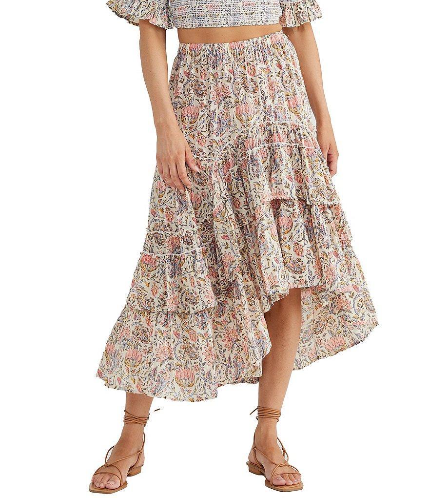 Talisman Vintage Lotus Floral Print High-Low Tiered Ruffled Hem Sassy Skirt Product Image