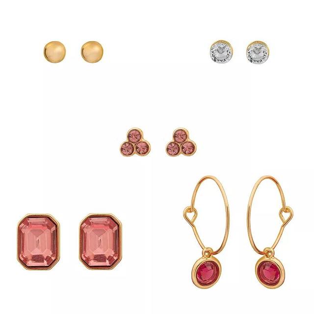 LC Lauren Conrad Gold Tone 5-Piece Stone Stud Earring Set, Womens, Pink Product Image