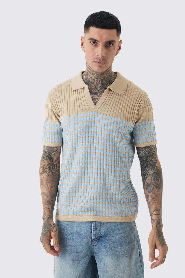 Tall V Neck Striped Knitted Polo | boohooMAN USA Product Image