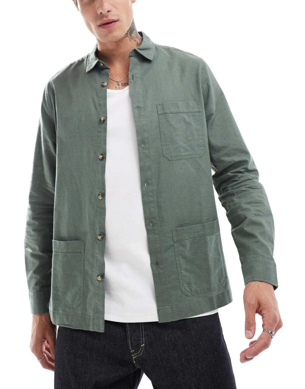 ASOS DESIGN linen blend overshirt in khaki Product Image