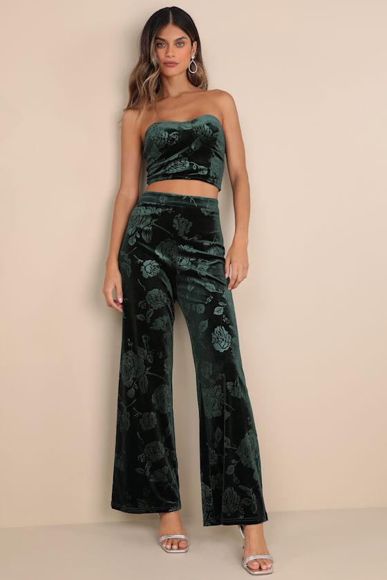 Sensational Attitude Emerald Green Burnout Velvet Wide-Leg Pants Product Image