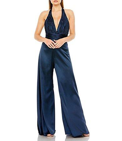 Mac Duggal Ruched Halter V-Neck Wide Leg Satin Jumpsuit Product Image