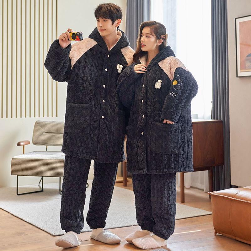 Couple Matching Pajama Set: Cartoon Patterned Hood Coral Fleece Button Jacket + Straight Leg Pants Product Image