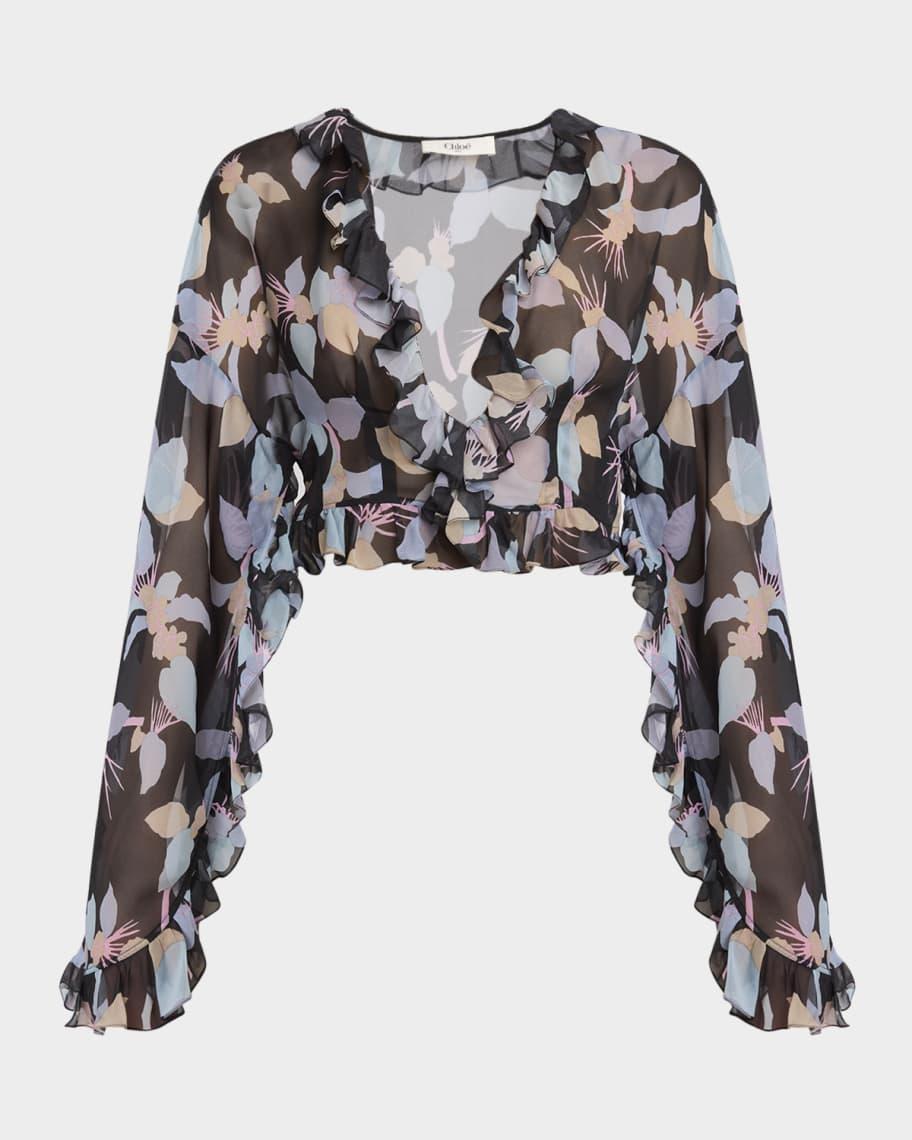 Floral Silk Ruffle Long-Sleeve Crop Top Product Image