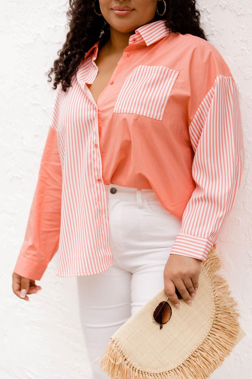 Get It Right Coral Striped Button Front Color Block Blouse FINAL SALE Product Image