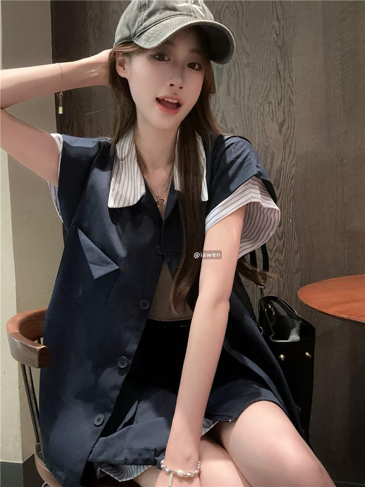 Cap-Sleeve Collared Mock Two-Piece Striped Panel Button-Up Blouse / High Waist Zipped Mini A-Line Cargo Skirt Product Image