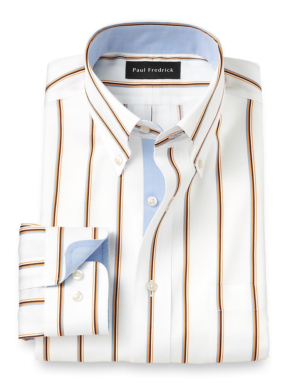 Non-Iron Cotton Stripe Dress Shirt With Contrast Trim - Blue/melon Product Image